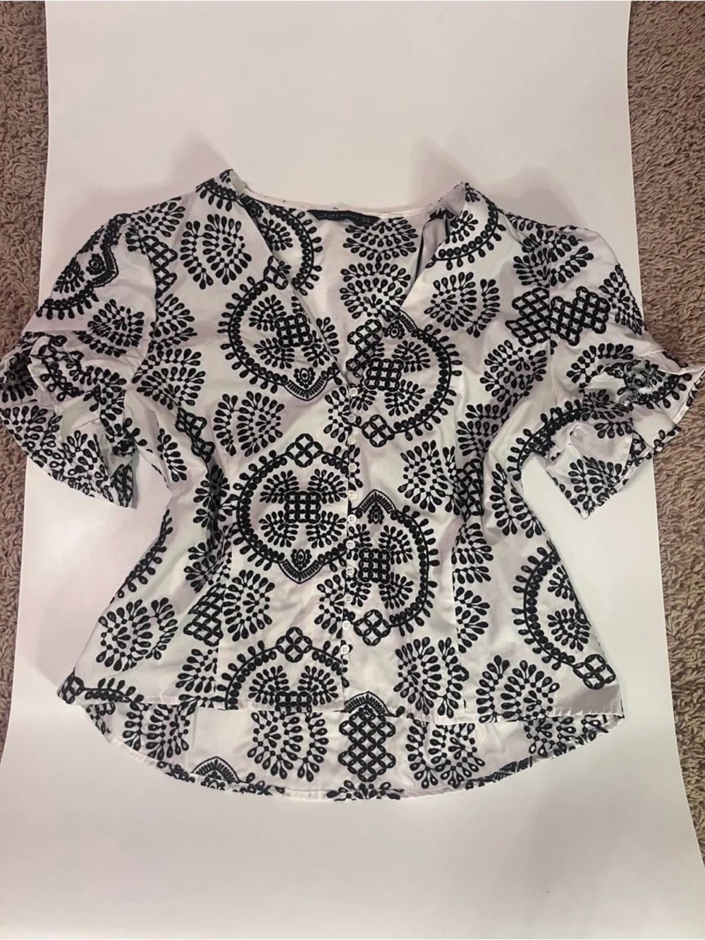 Zara Black & White Embroidered-Pattern V-Neck Blouse
